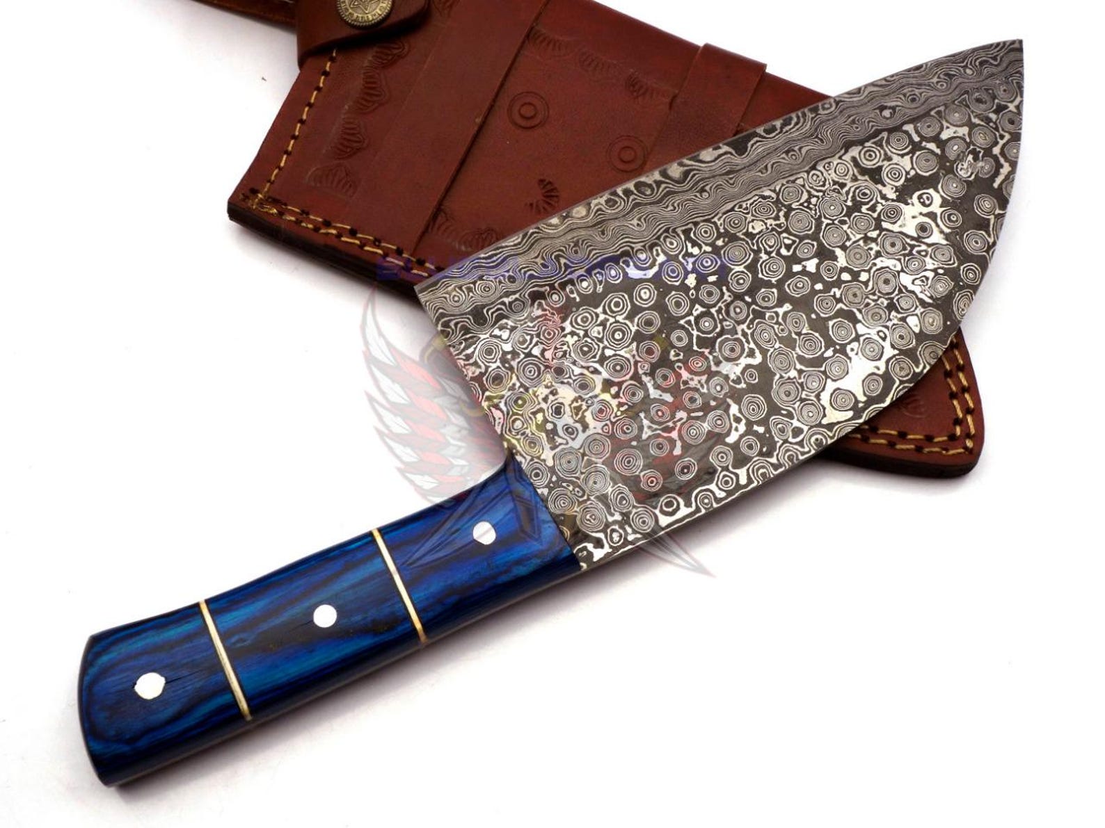 Personalized Damascus Steel Cleaver Chopper Chef Kitchen Knife Heavy Duty Damascus Handle Walnut Wood with Leather Sheath