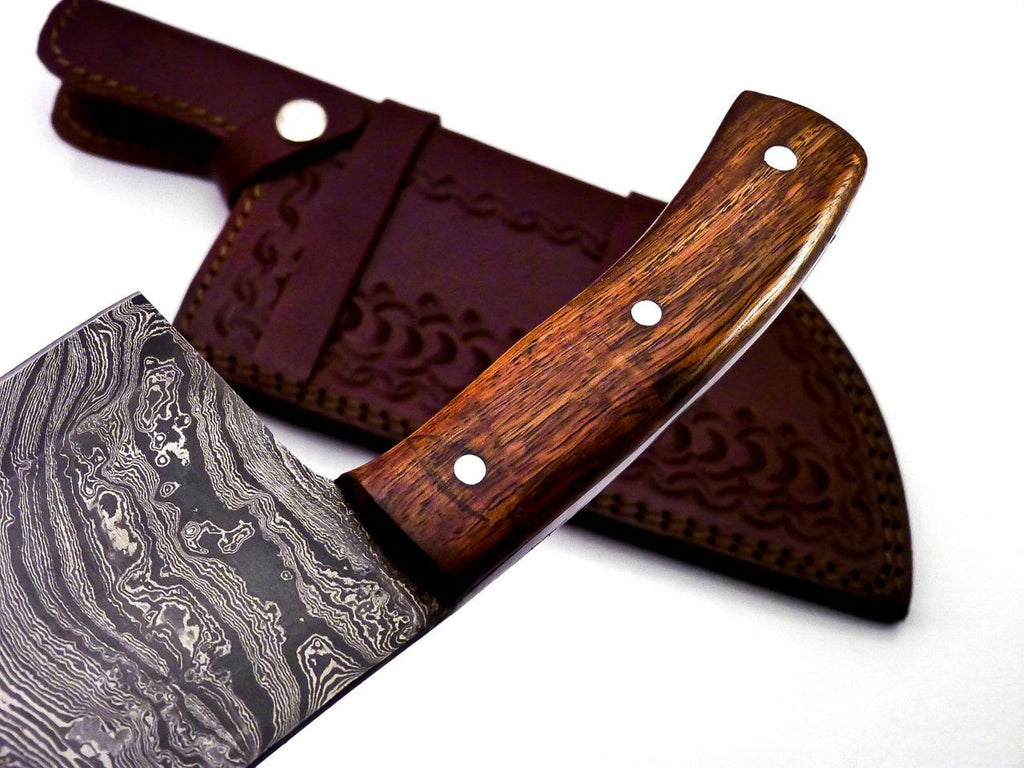 Personalized Damascus Steel Cleaver Chopper Chef Kitchen Knife Heavy Duty Damascus Handle Walnut Wood with Leather Sheath