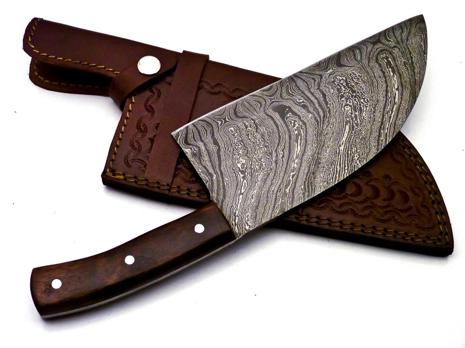 Personalized Damascus Steel Cleaver Chopper Chef Kitchen Knife Heavy Duty Damascus Handle Walnut Wood with Leather Sheath