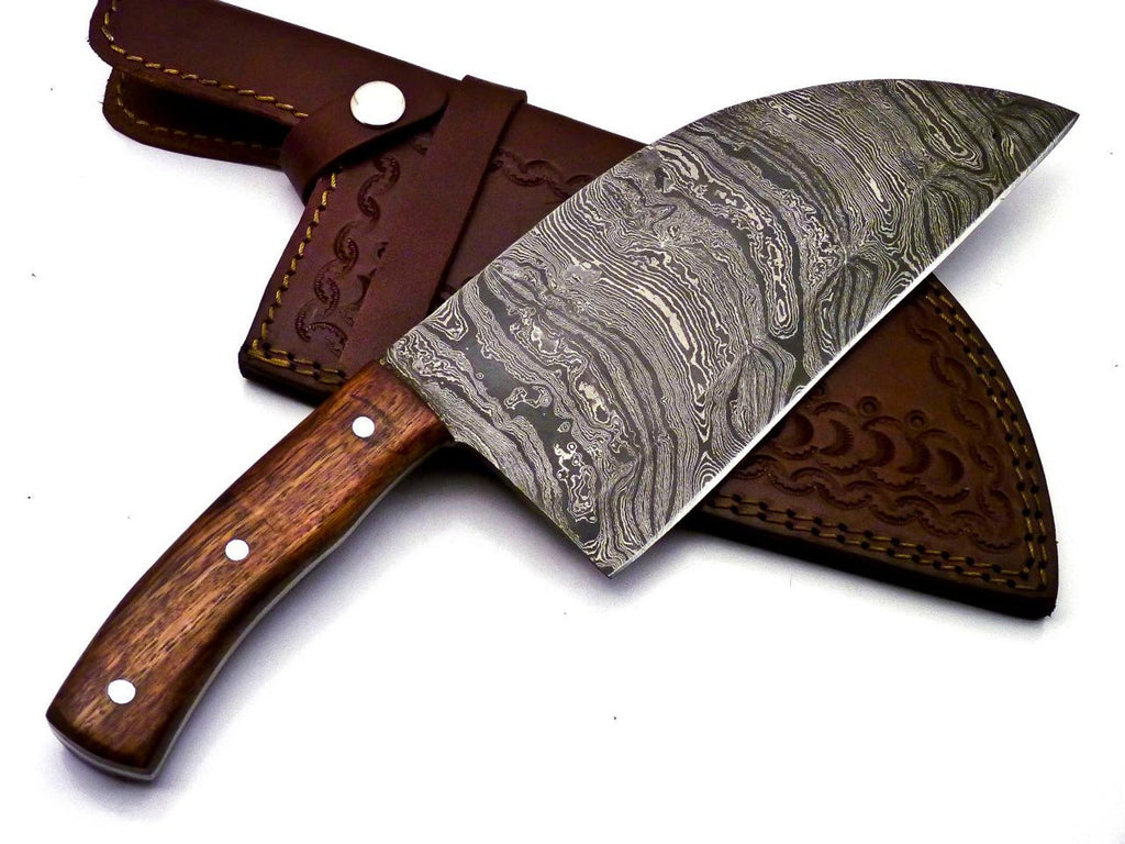 Personalized Damascus Steel Cleaver Chopper Chef Kitchen Knife Heavy Duty Damascus Handle Walnut Wood with Leather Sheath
