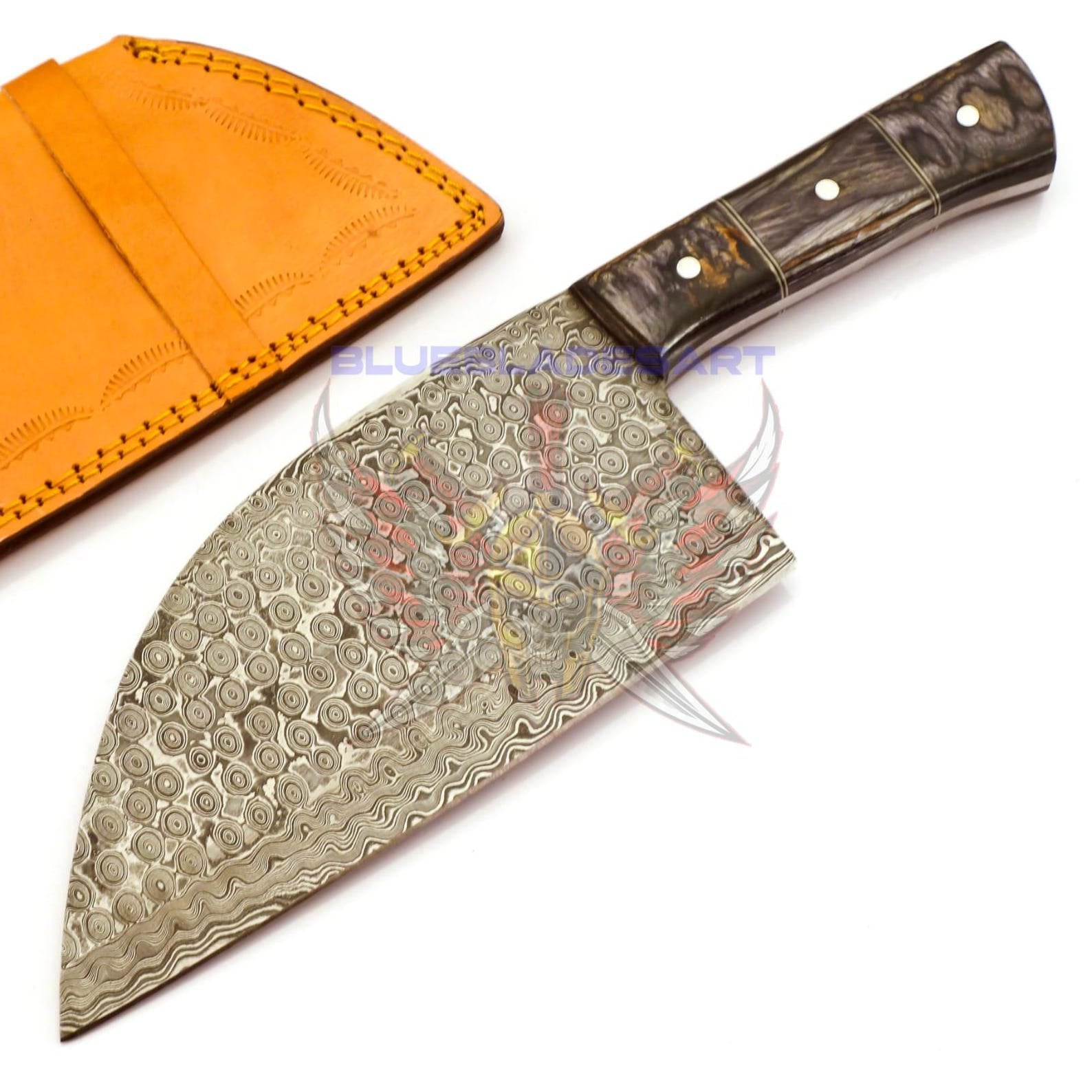 Personalized Damascus Steel Cleaver Chopper Chef Kitchen Knife Heavy Duty Damascus Handle Walnut Wood with Leather Sheath