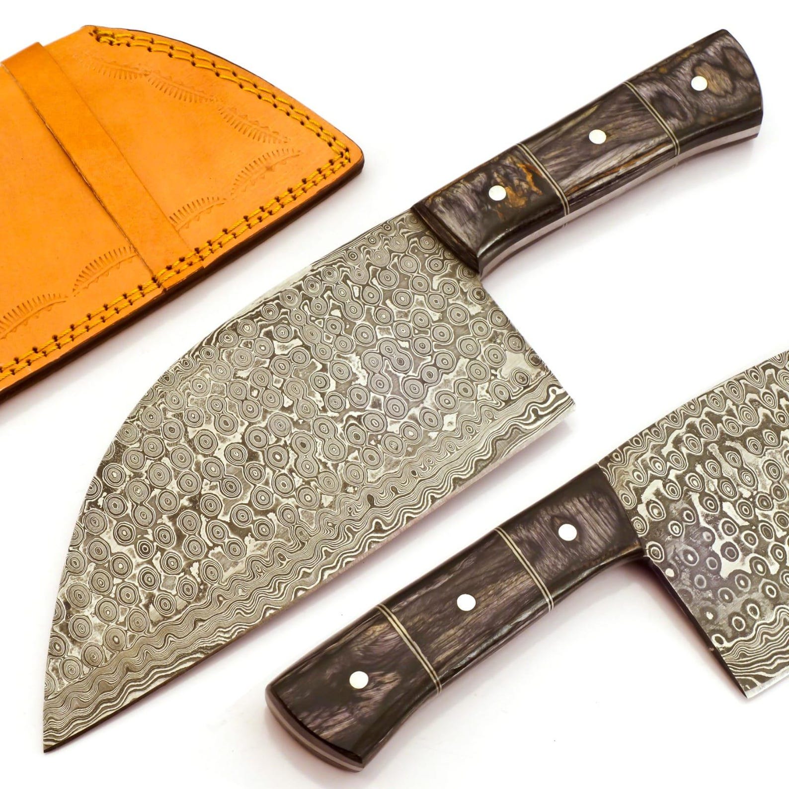 Personalized Damascus Steel Cleaver Chopper Chef Kitchen Knife Heavy Duty Damascus Handle Walnut Wood with Leather Sheath