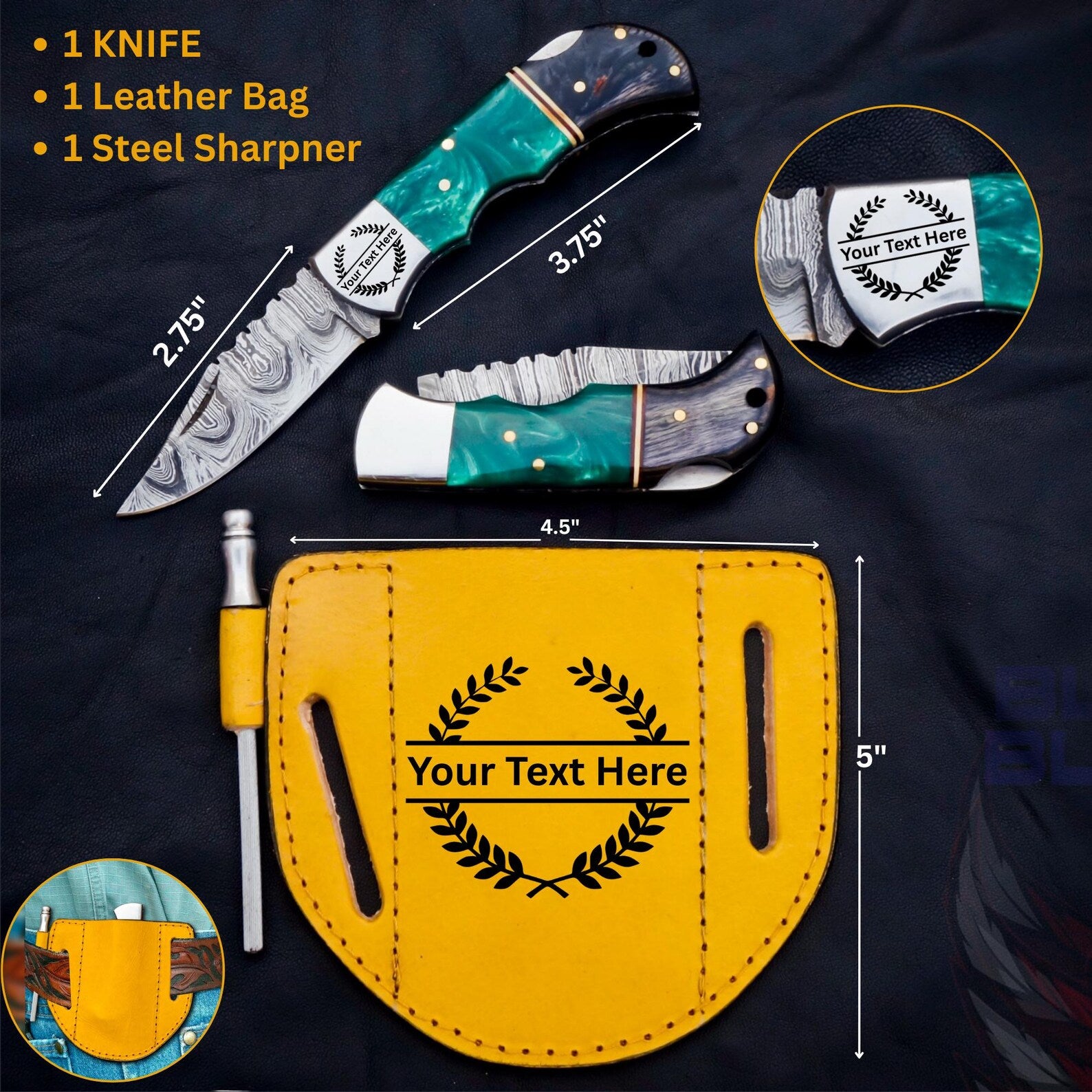 Handmade Damascus Pocket Knife Folding Knife comes with a knife sharpener, Gift For Groomsmen, Wedding Gift knife, Gift for Groom