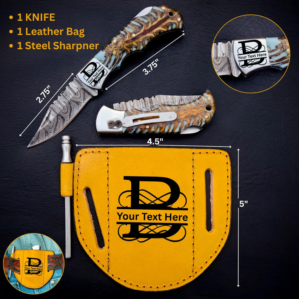 Handmade Damascus Pocket Knife Folding Knife comes with a knife sharpener, Gift For Groomsmen, Wedding Gift knife, Gift for Groom