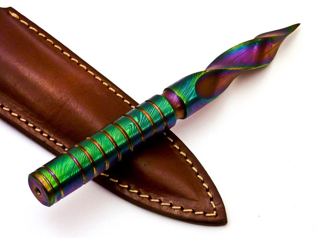 Personalized 6.5 inch Custom Forged Hunter Damascus Steel Tri Dagger Hand Forged Twisted Pattern Kris Dagger W Leather Cover