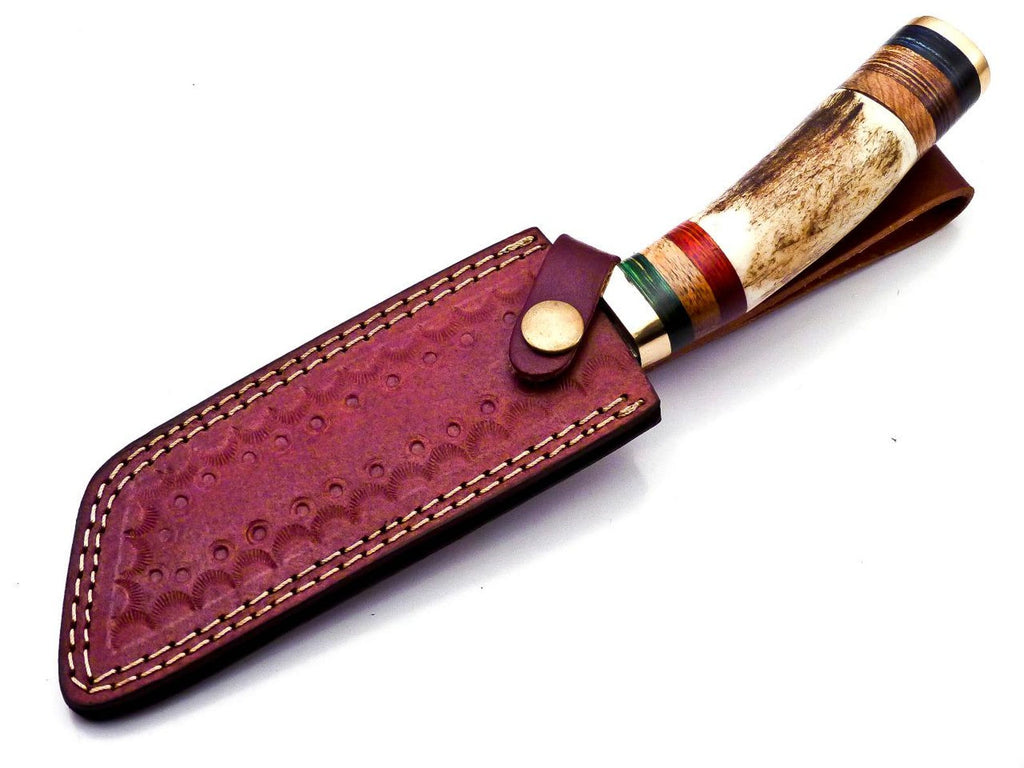Personalized 8 inch Damascus Steel Hunting knife Handle Deer Antler W leather Cover