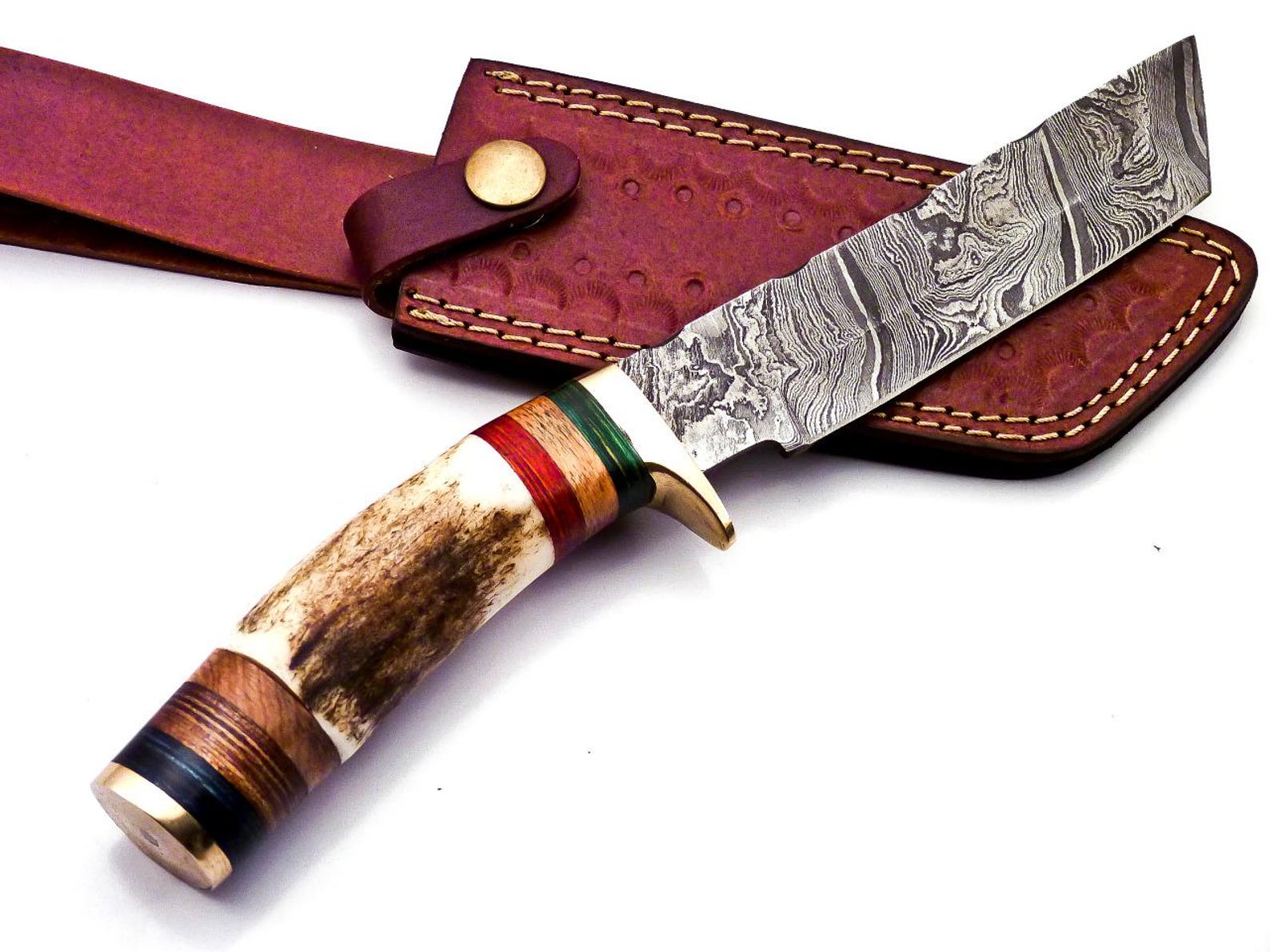 Personalized 8 inch Damascus Steel Hunting knife Handle Deer Antler W leather Cover