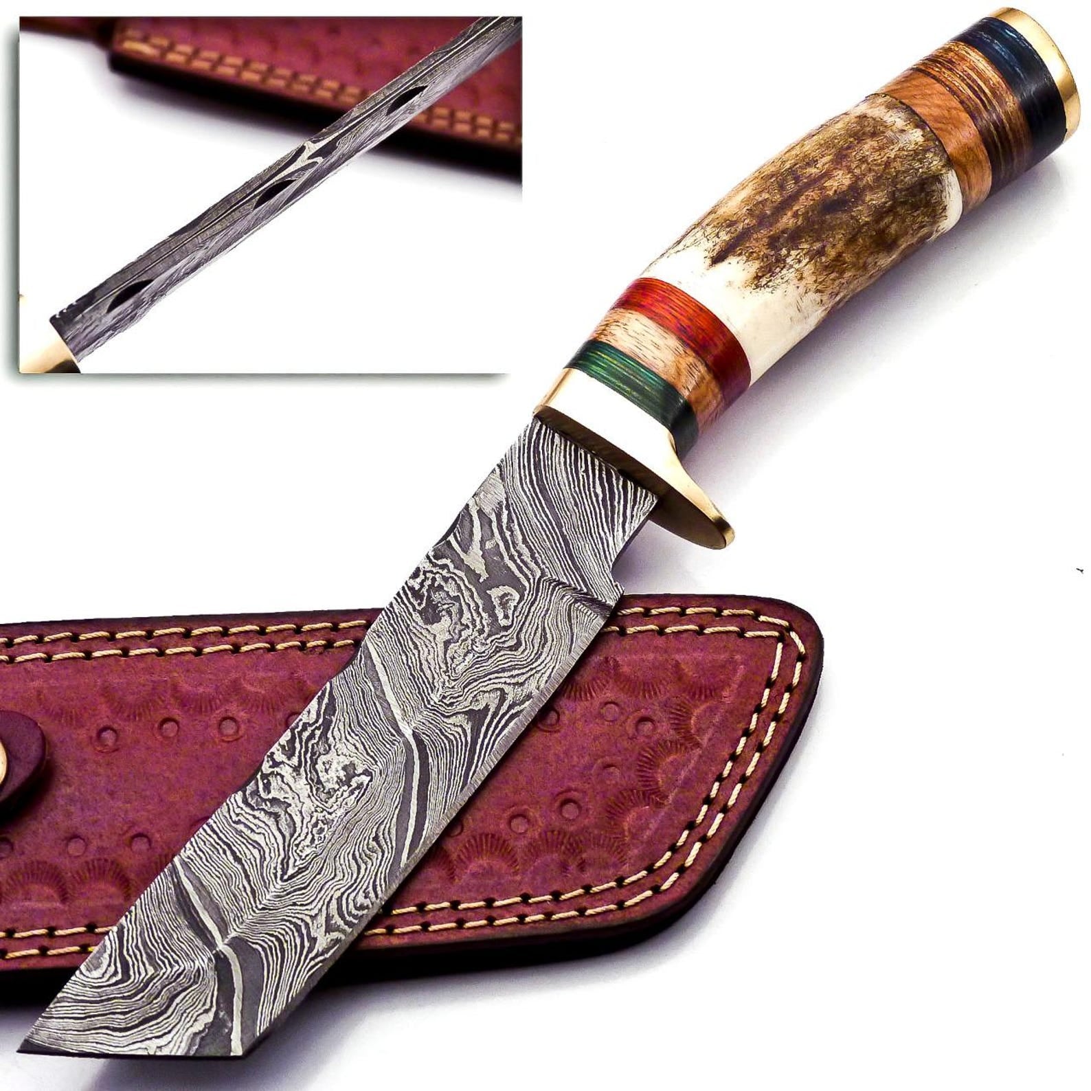 Personalized 8 inch Damascus Steel Hunting knife Handle Deer Antler W leather Cover