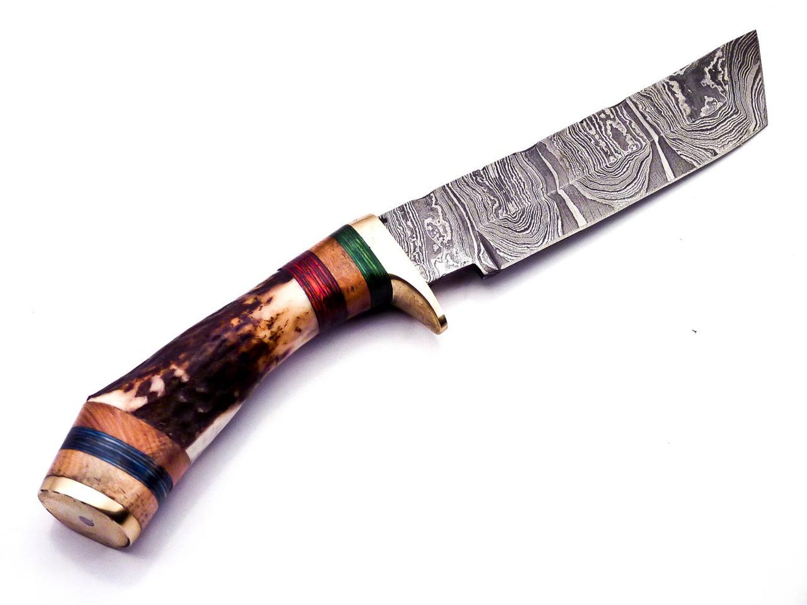 Personalized 8 inch Damascus Steel Hunting knife Handle Deer Antler W leather Cover