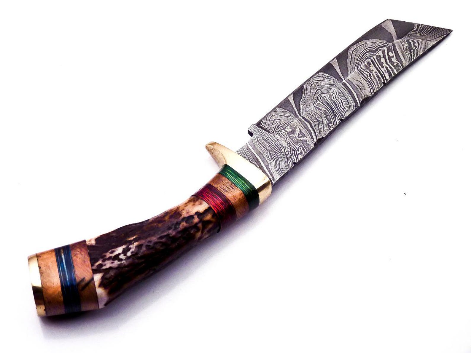 Personalized 8 inch Damascus Steel Hunting knife Handle Deer Antler W leather Cover