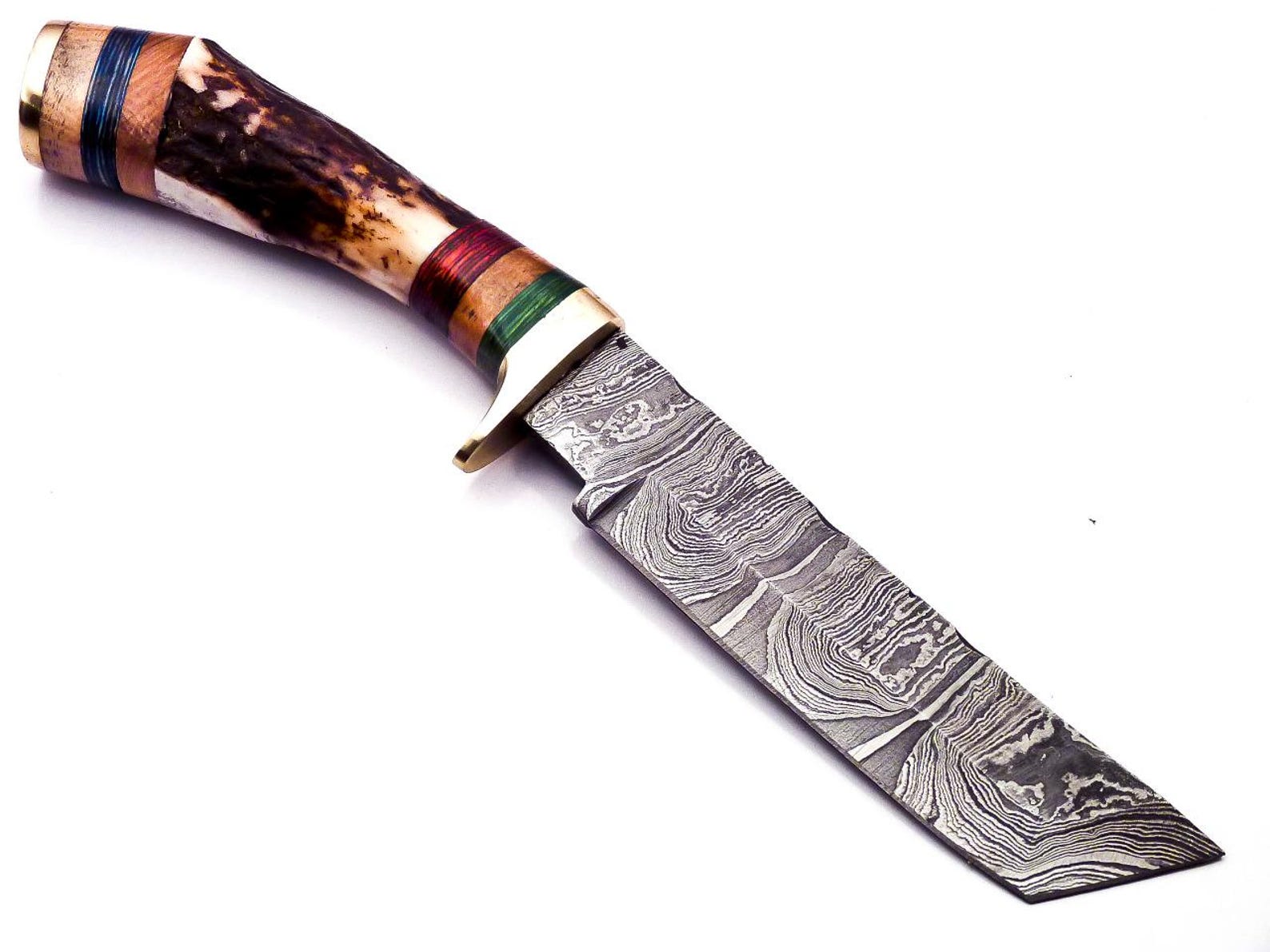 Personalized 8 inch Damascus Steel Hunting knife Handle Deer Antler W leather Cover