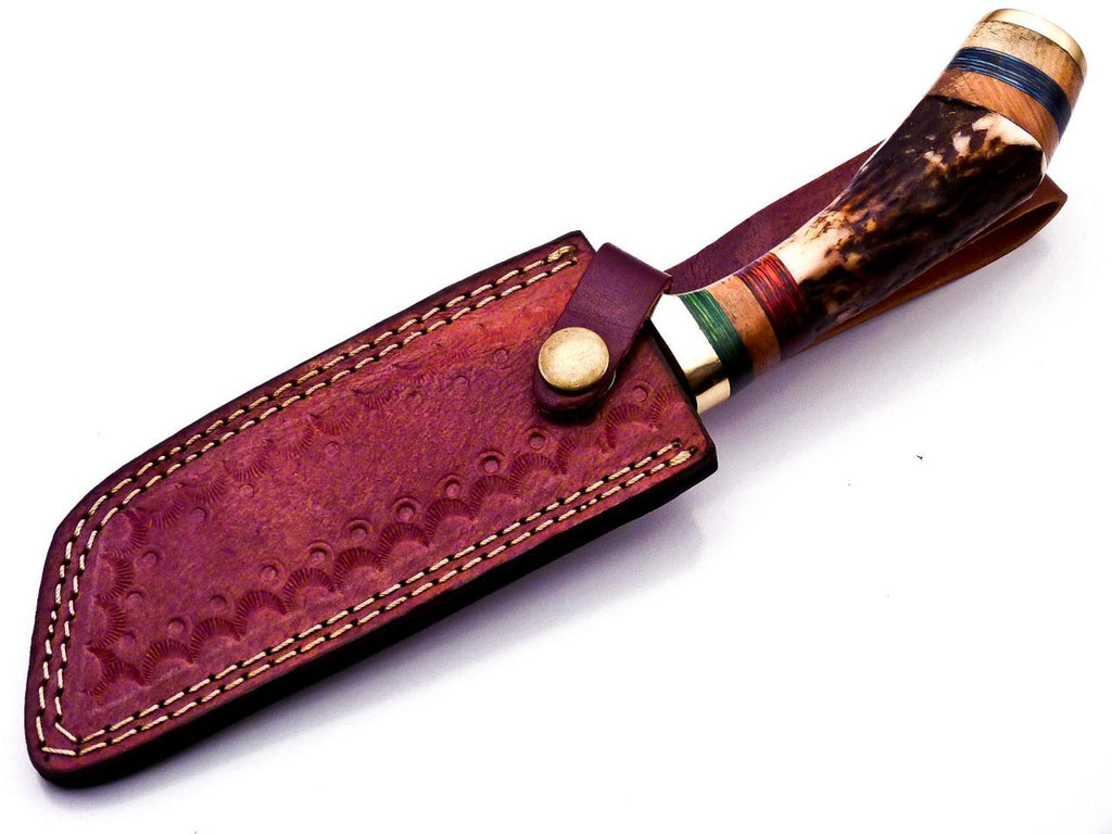 Personalized 8 inch Damascus Steel Hunting knife Handle Deer Antler W leather Cover