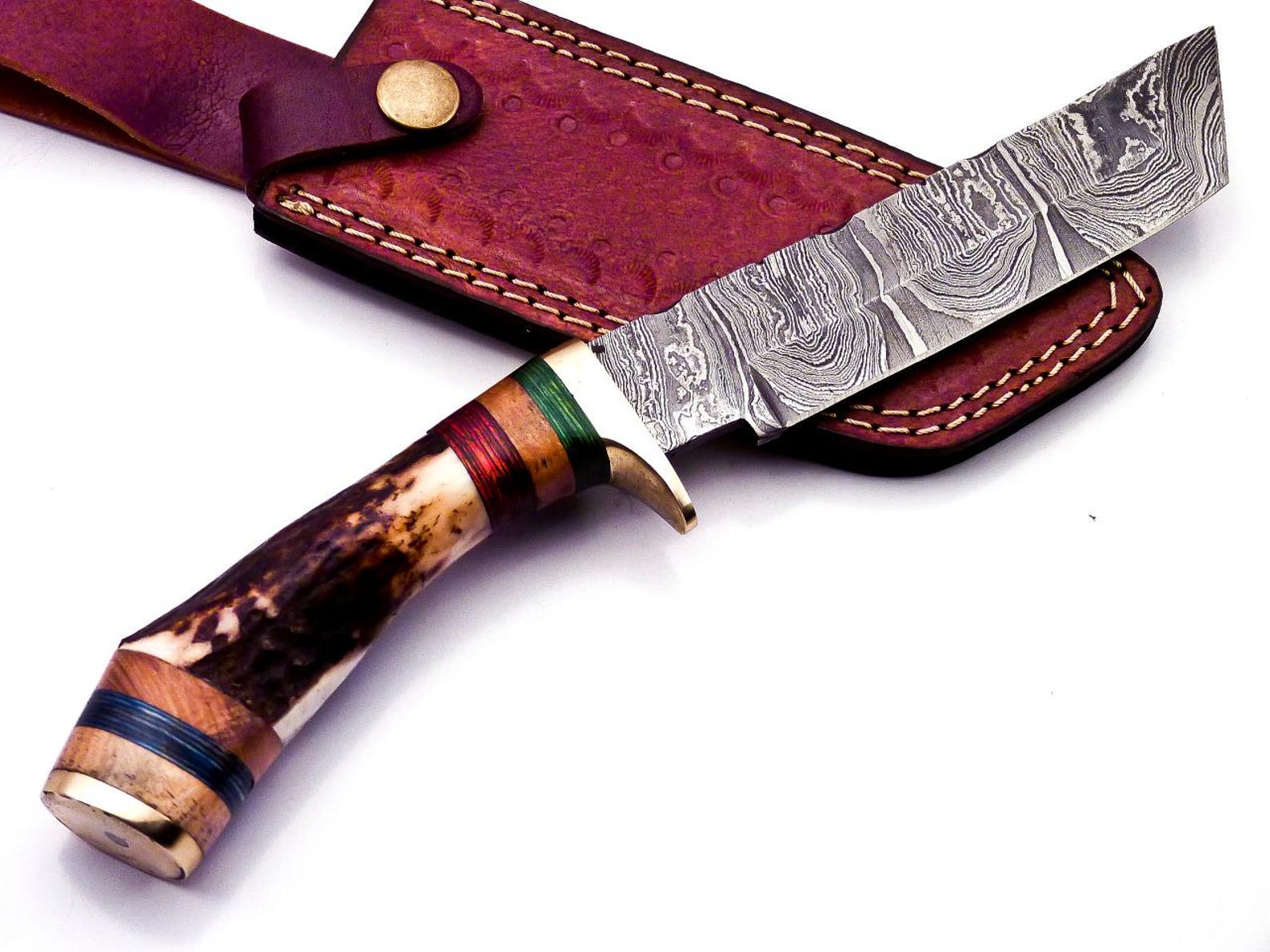 Personalized 8 inch Damascus Steel Hunting knife Handle Deer Antler W leather Cover