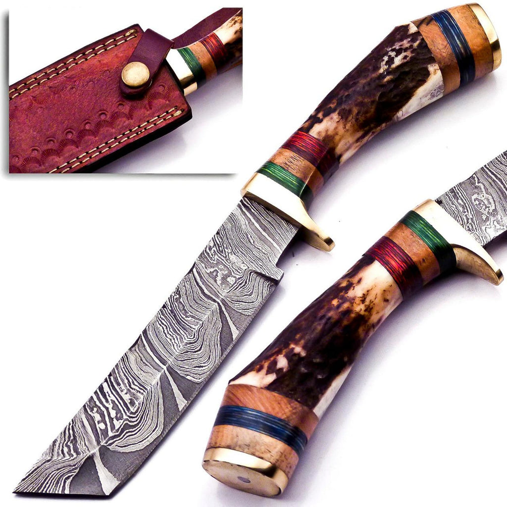 Personalized 8 inch Damascus Steel Hunting knife Handle Deer Antler W leather Cover