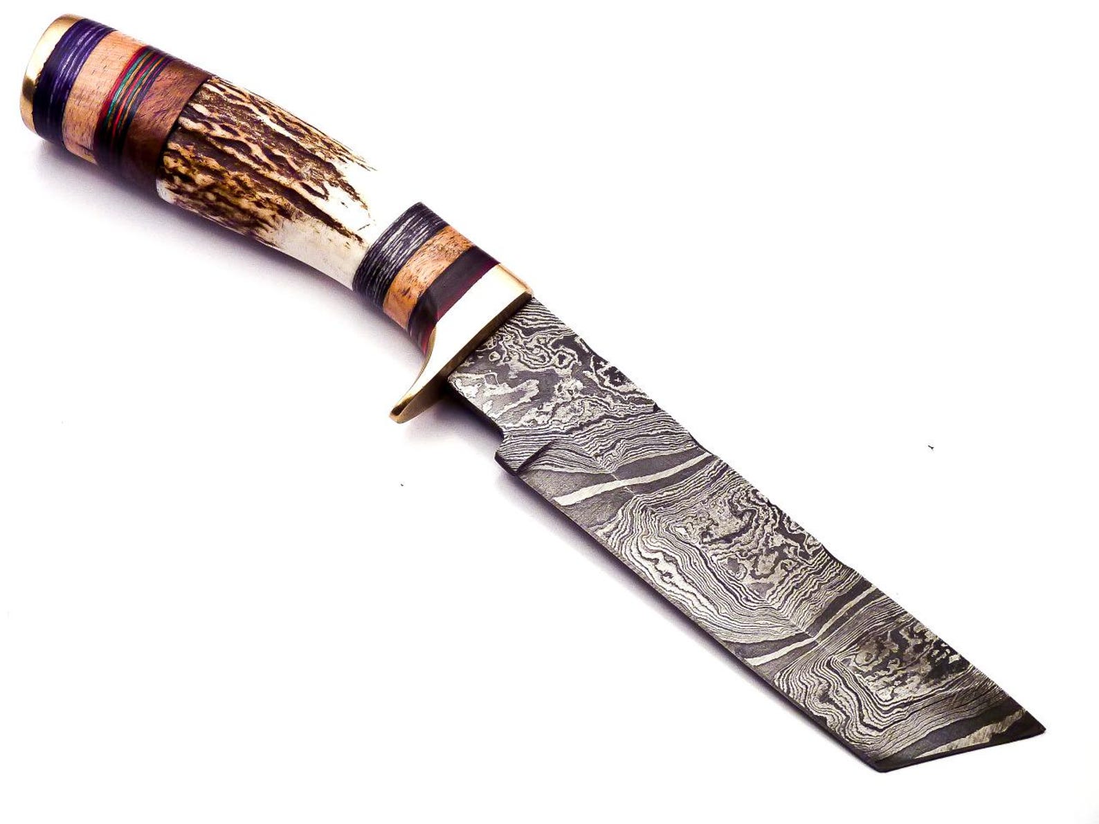 Personalized 8 inch Damascus Steel Hunting knife Handle Deer Antler W leather Cover