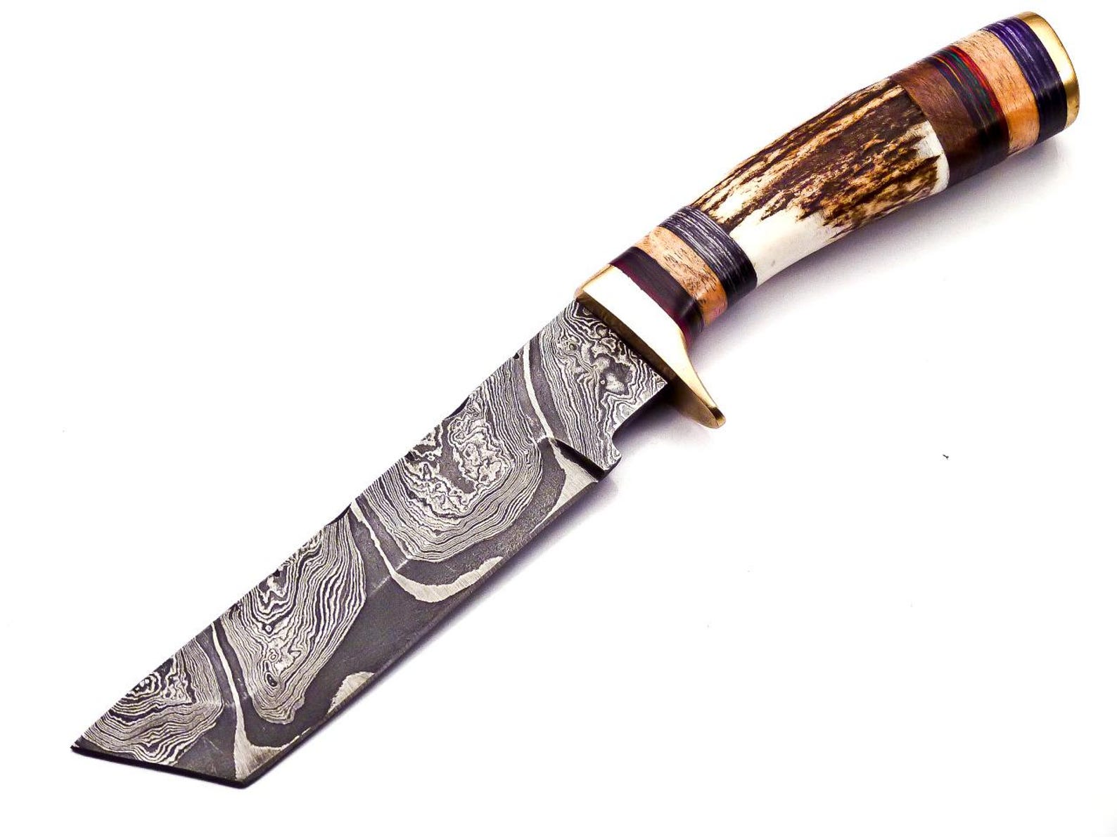 Personalized 8 inch Damascus Steel Hunting knife Handle Deer Antler W leather Cover