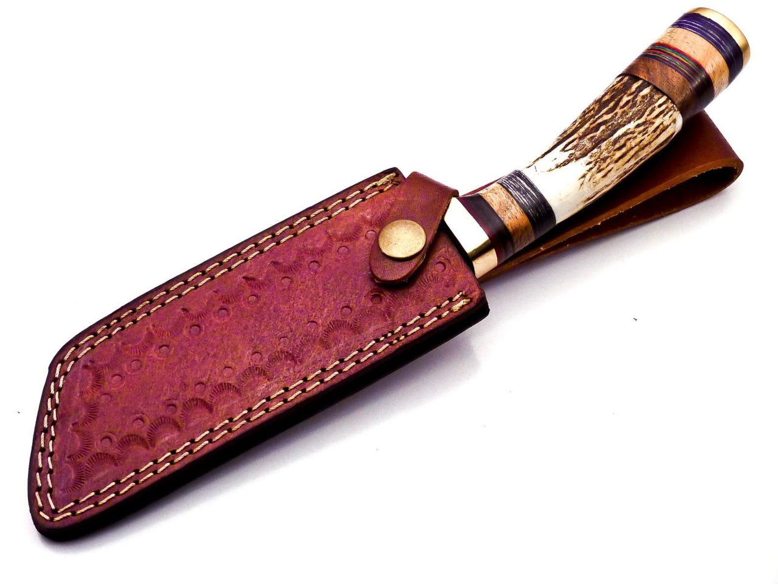 Personalized 8 inch Damascus Steel Hunting knife Handle Deer Antler W leather Cover