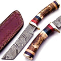 Personalized 8 inch Damascus Steel Hunting knife Handle Deer Antler W leather Cover
