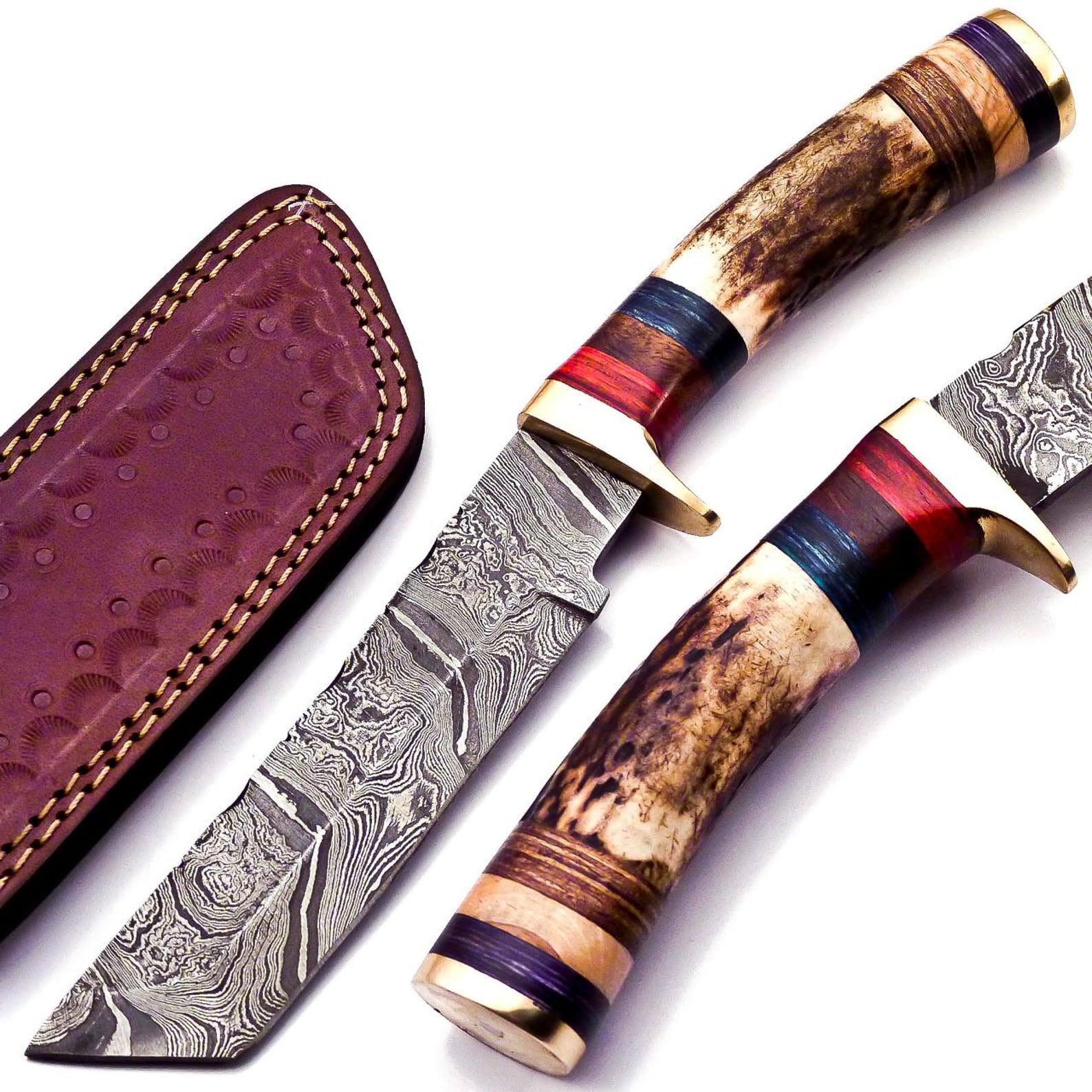 Personalized 8 inch Damascus Steel Hunting knife Handle Deer Antler W leather Cover