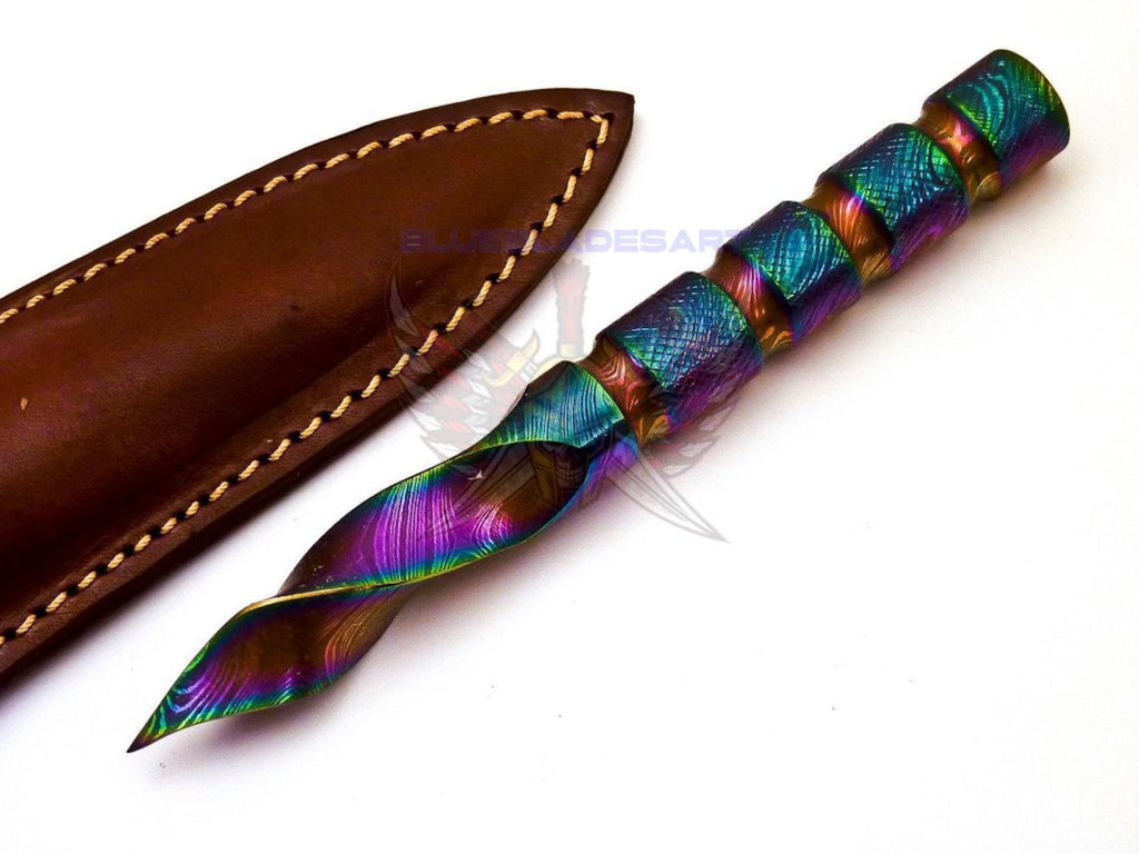 Personalized 6.5 inch Custom Forged Hunter Damascus Steel Tri Dagger Hand Forged Twisted Pattern Kris Dagger W Leather Cover
