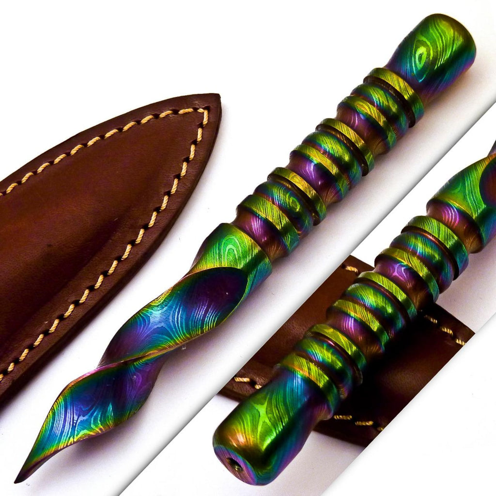 Personalized 6.5 inch Custom Forged Hunter Damascus Steel Tri Dagger Hand Forged Twisted Pattern Kris Dagger W Leather Cover