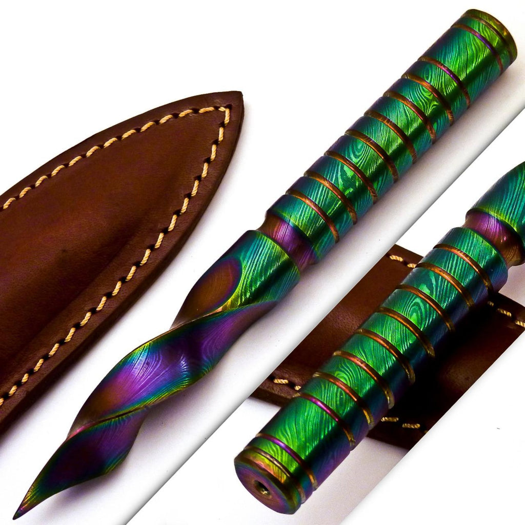 Personalized 6.5 inch Custom Forged Hunter Damascus Steel Tri Dagger Hand Forged Twisted Pattern Kris Dagger W Leather Cover