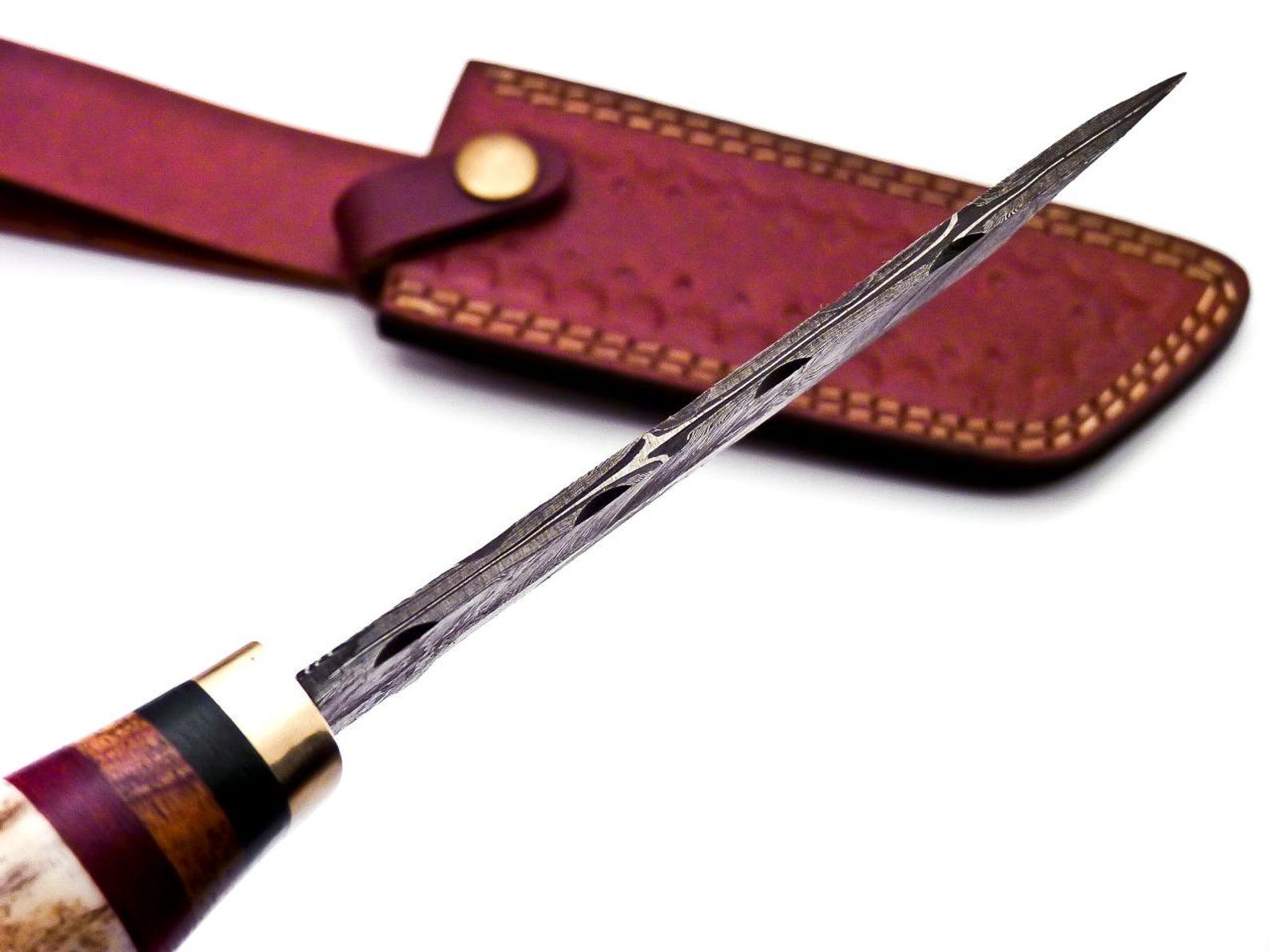 Personalized 8 inch Damascus Steel Hunting knife Handle Deer Antler W leather Cover
