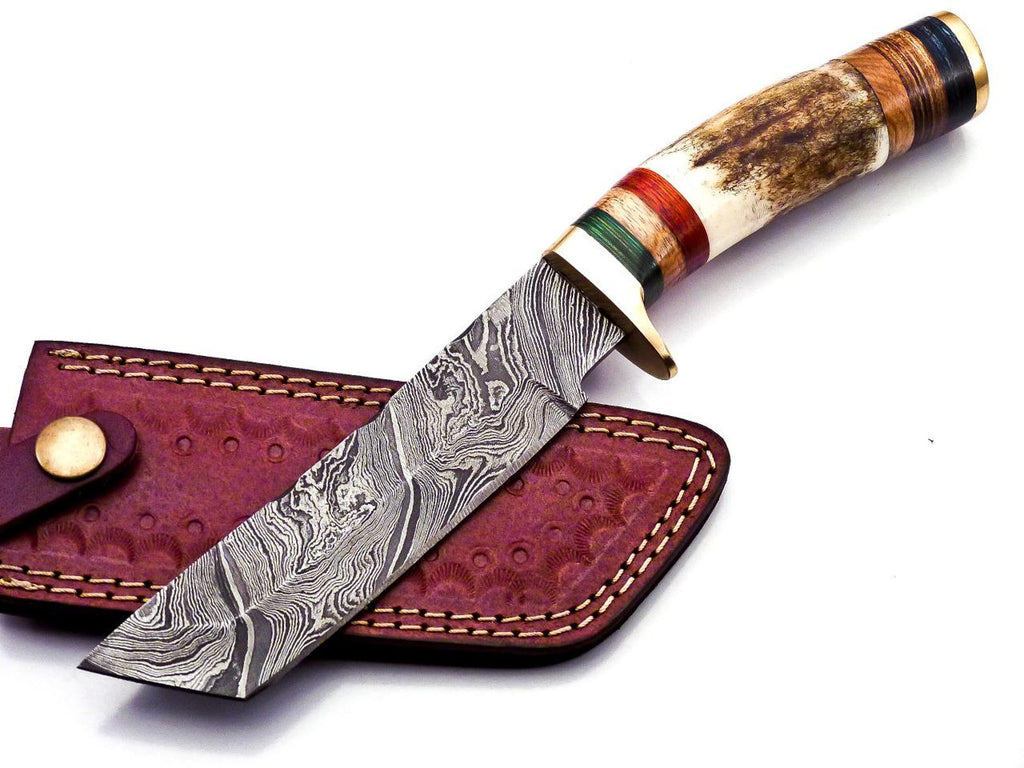 Personalized 8 inch Damascus Steel Hunting knife Handle Deer Antler W leather Cover