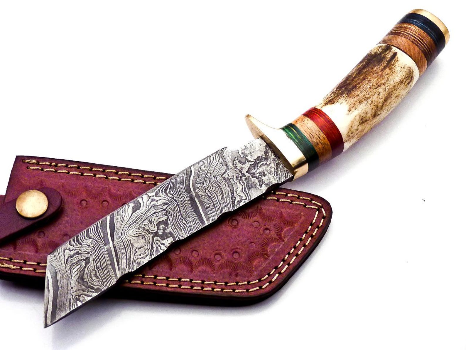 Personalized 8 inch Damascus Steel Hunting knife Handle Deer Antler W leather Cover