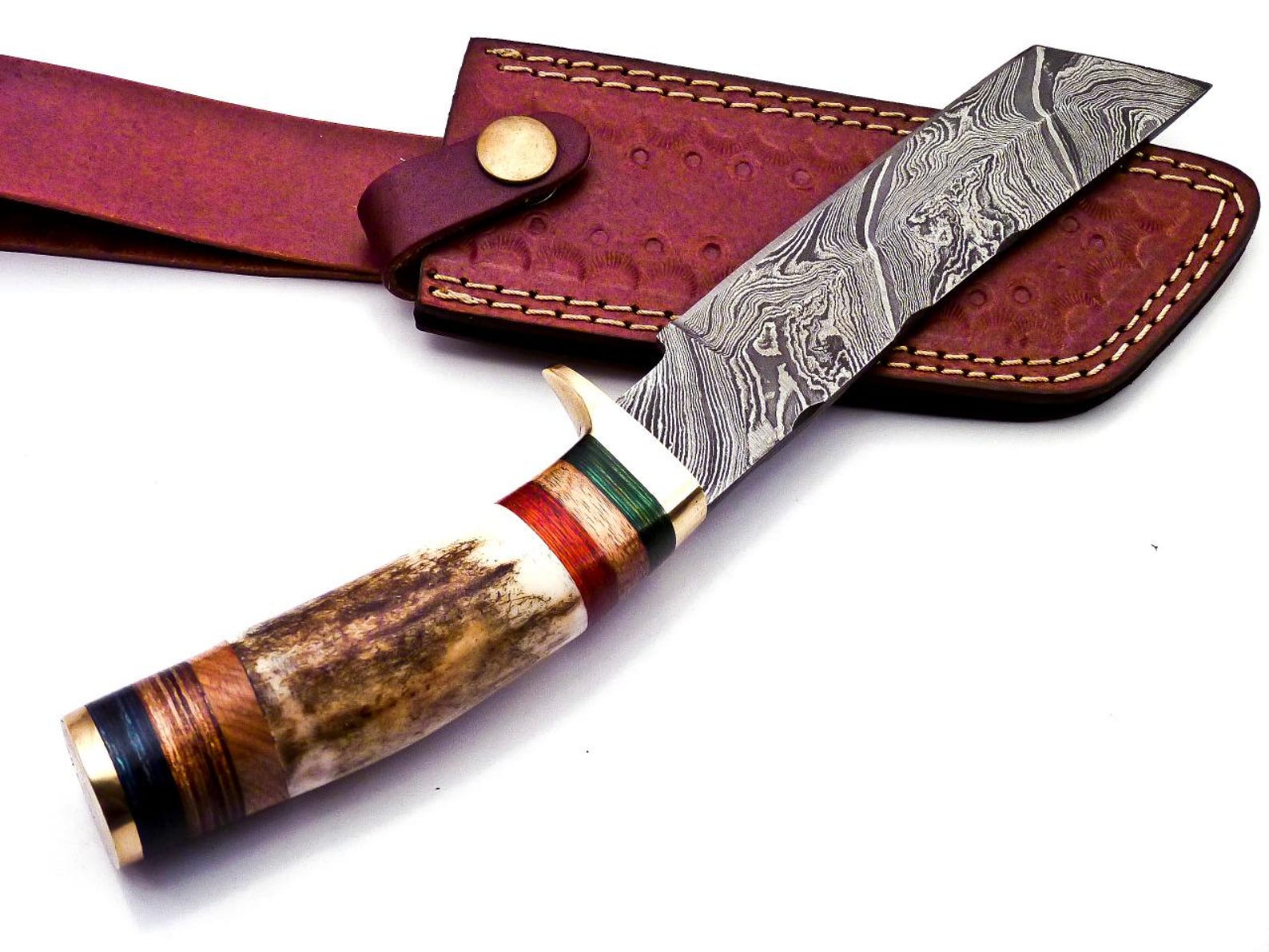 Personalized 8 inch Damascus Steel Hunting knife Handle Deer Antler W leather Cover