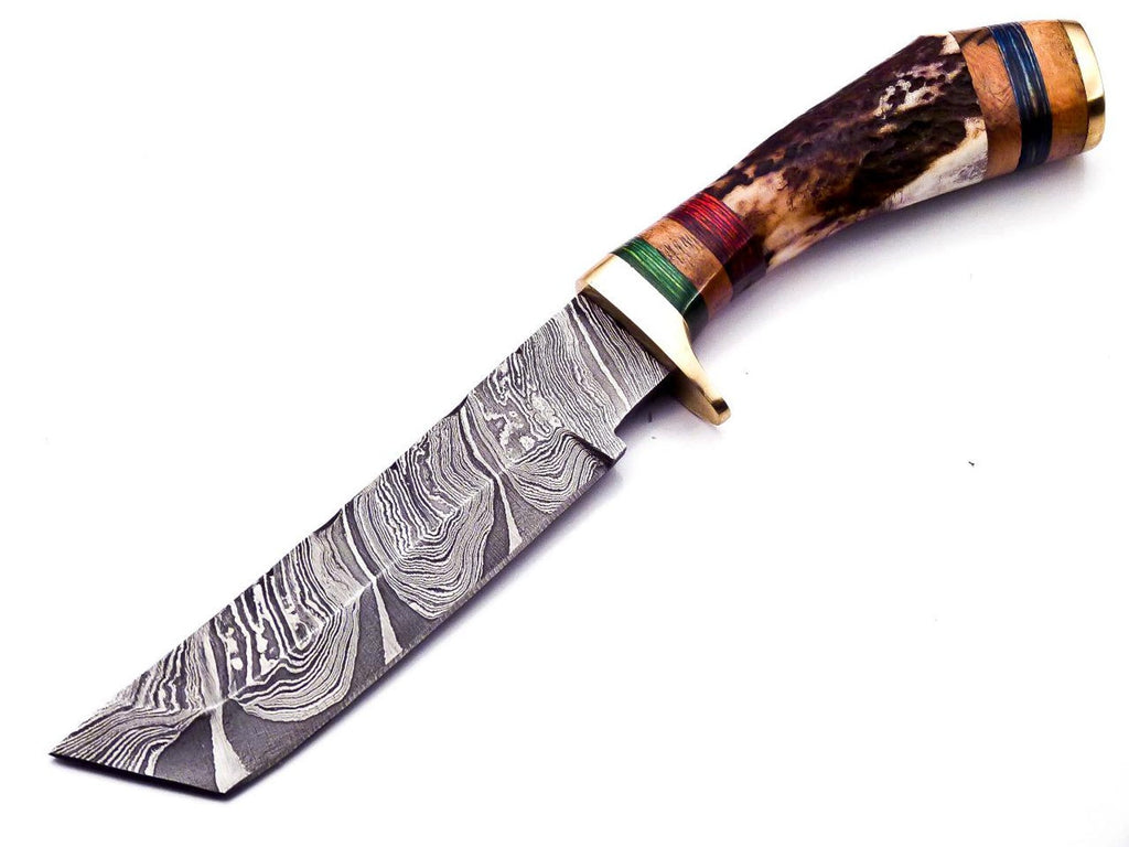 Personalized 8 inch Damascus Steel Hunting knife Handle Deer Antler W leather Cover