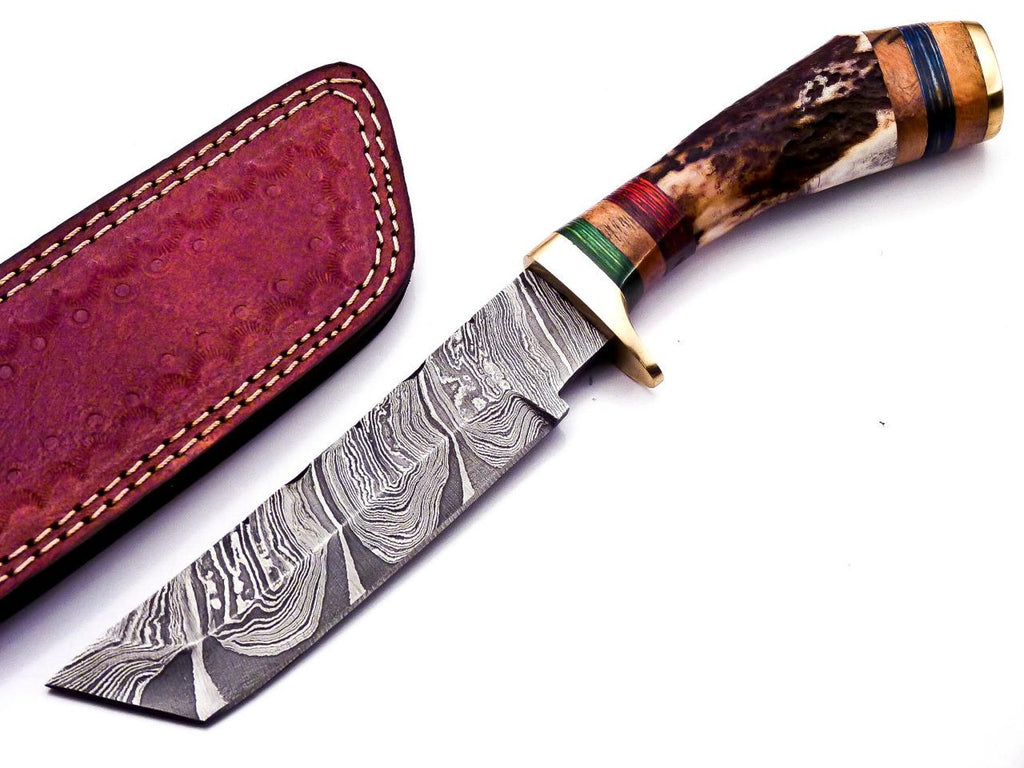 Personalized 8 inch Damascus Steel Hunting knife Handle Deer Antler W leather Cover
