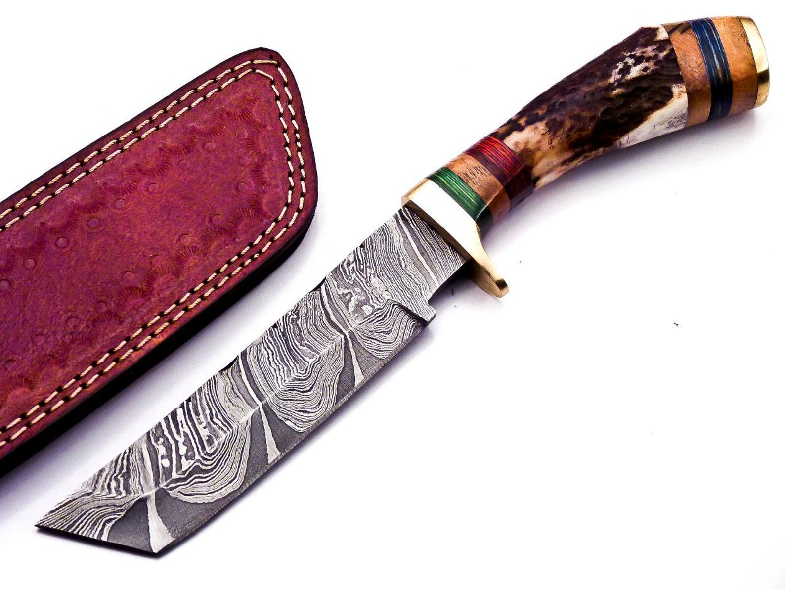 Personalized 8 inch Damascus Steel Hunting knife Handle Deer Antler W leather Cover
