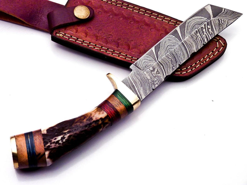 Personalized 8 inch Damascus Steel Hunting knife Handle Deer Antler W leather Cover
