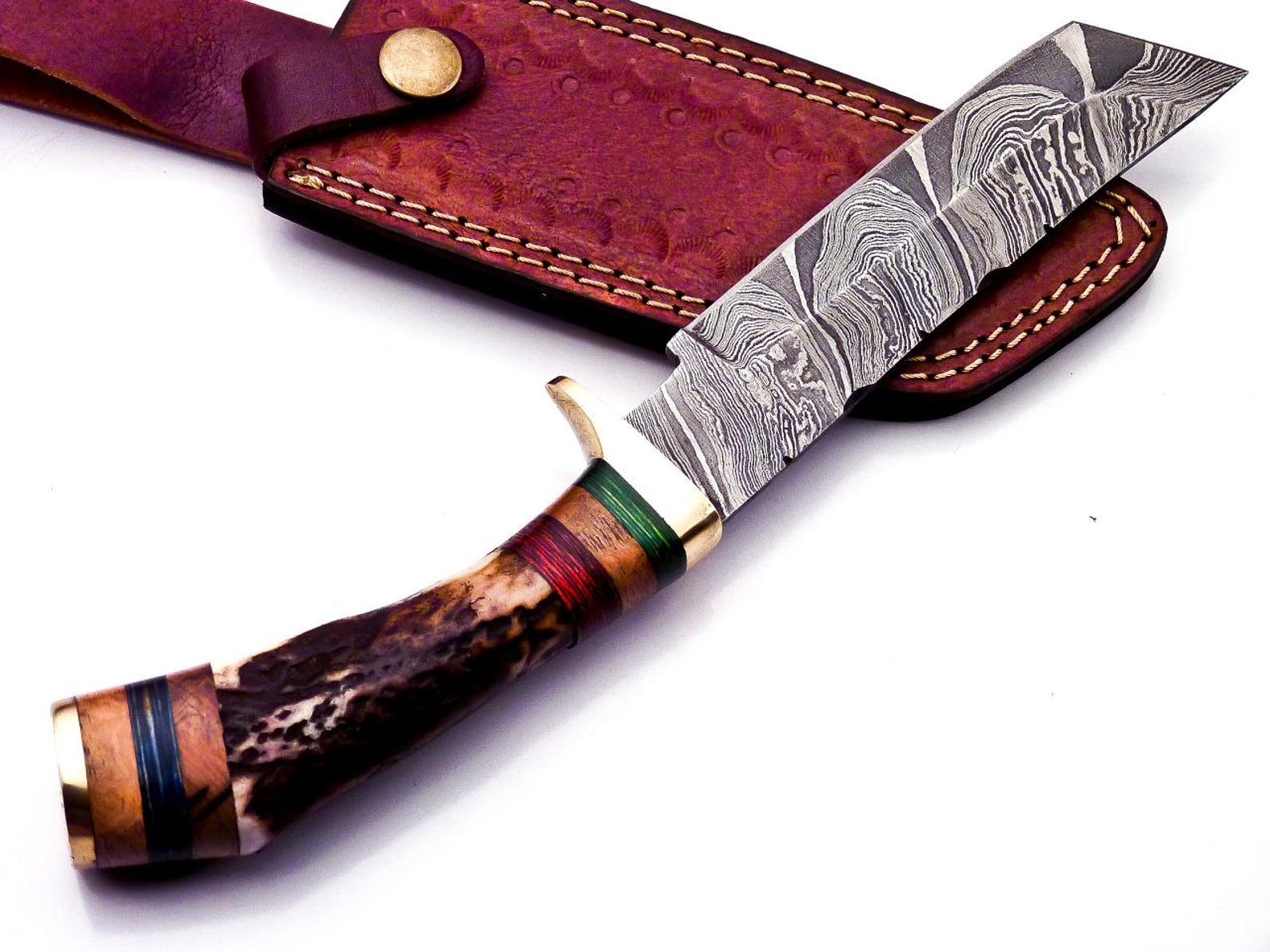 Personalized 8 inch Damascus Steel Hunting knife Handle Deer Antler W leather Cover