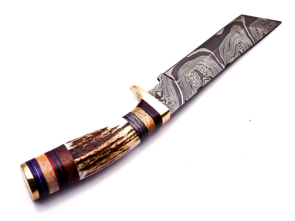Personalized 8 inch Damascus Steel Hunting knife Handle Deer Antler W leather Cover