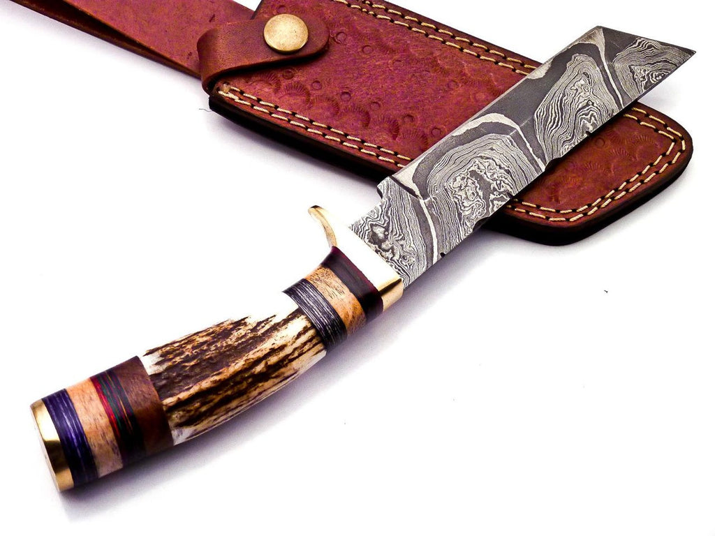 Personalized 8 inch Damascus Steel Hunting knife Handle Deer Antler W leather Cover