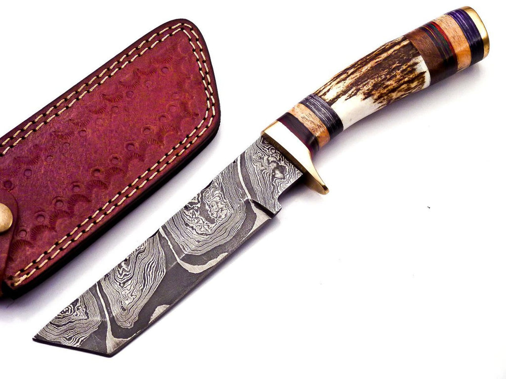 Personalized 8 inch Damascus Steel Hunting knife Handle Deer Antler W leather Cover