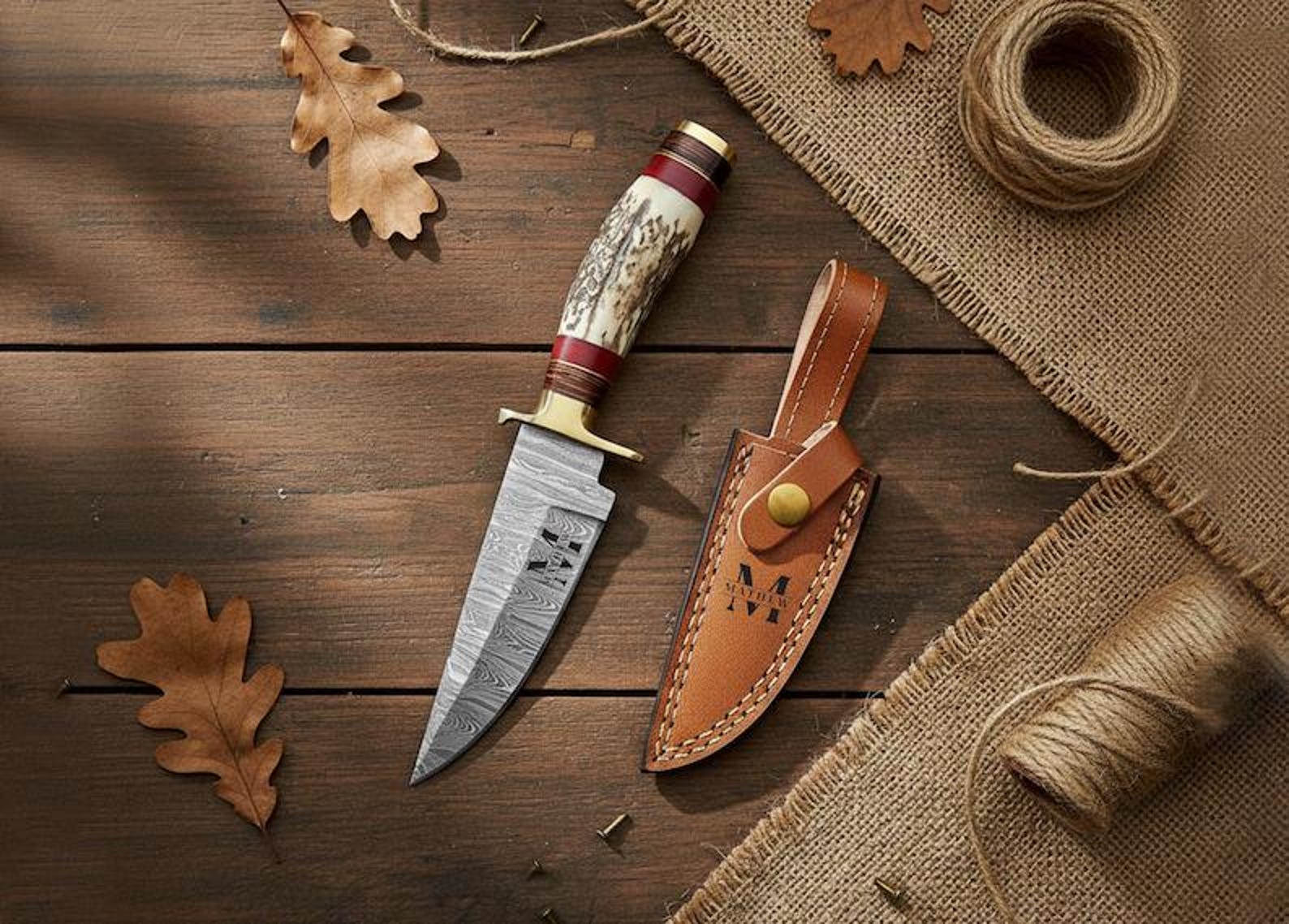 Personalized 8 inch Damascus Steel Hunting knife Handle Deer Antler W leather Cover