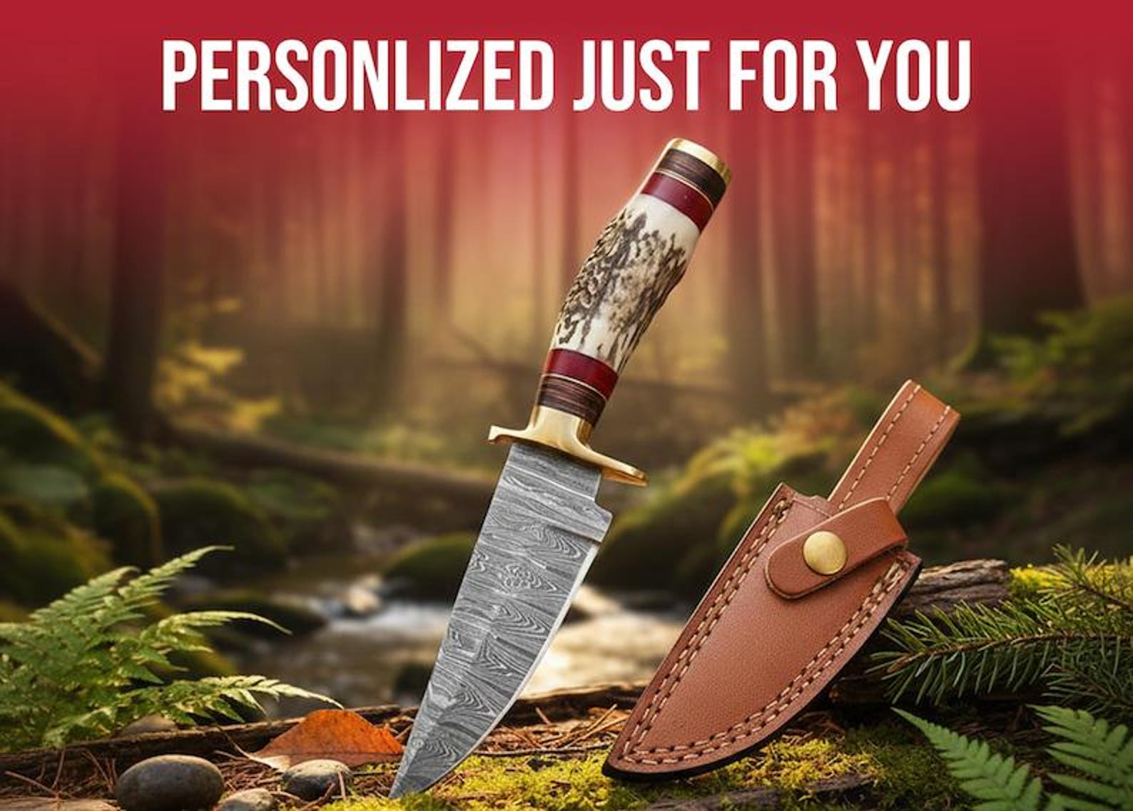 Personalized 8 inch Damascus Steel Hunting knife Handle Deer Antler W leather Cover