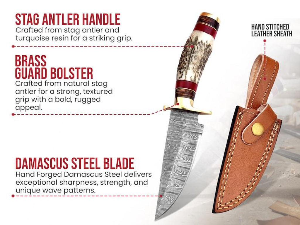 Personalized 8 inch Damascus Steel Hunting knife Handle Deer Antler W leather Cover