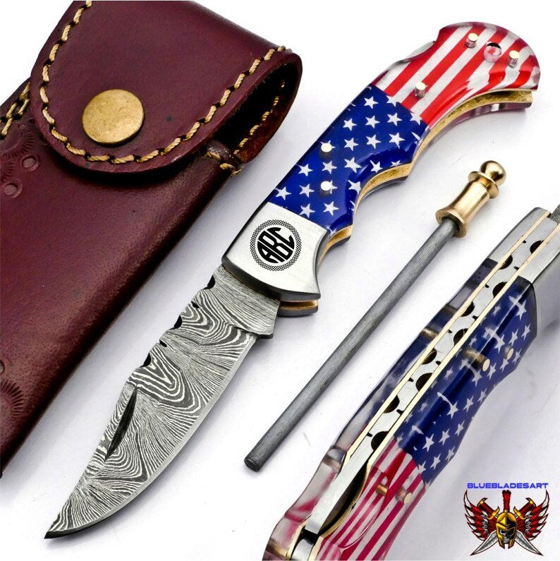 Handmade Damascus Pocket Knife Folding Knife comes with a knife sharpener, Gift For Groomsmen, Wedding Gift knife, Gift for Groom