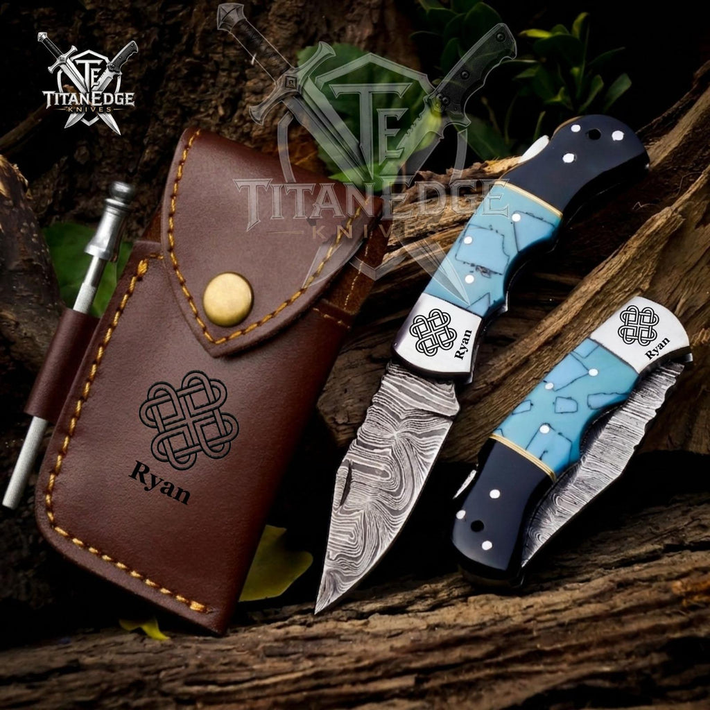 Personalized Handmade Damascus Steel Pocket Knife Celtic Knife Wood Handle, Folding Knife, Groomsmen Gifts, Anniversary Gifts for Husband