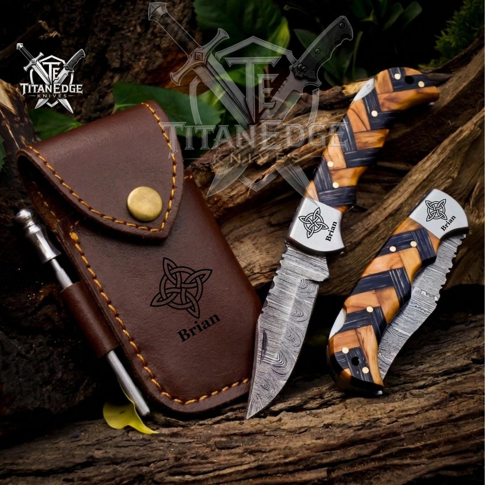 Personalized Handmade Damascus Steel Pocket Knife Celtic Knife Wood Handle, Folding Knife, Groomsmen Gifts, Anniversary Gifts for Husband