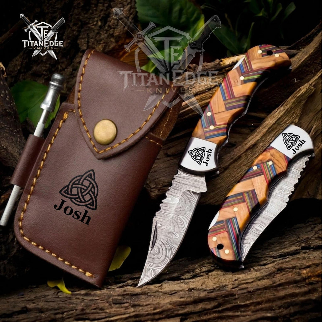 Personalized Handmade Damascus Steel Pocket Knife Celtic Knife Wood Handle, Folding Knife, Groomsmen Gifts, Anniversary Gifts for Husband