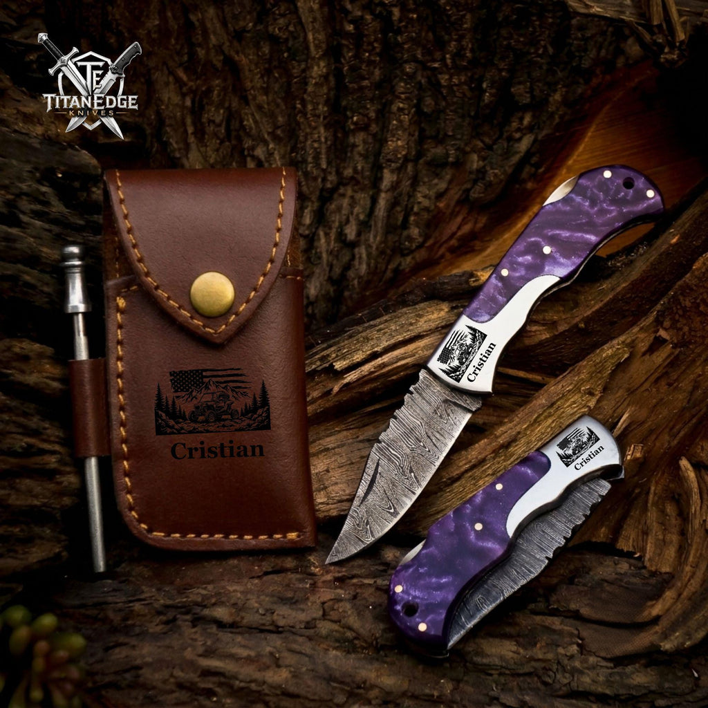 Personalized Handmade Damascus Steel Pocket Knife, American Flag designs, Wood Handle, Folding Knife, Anniversary Gifts for Husband