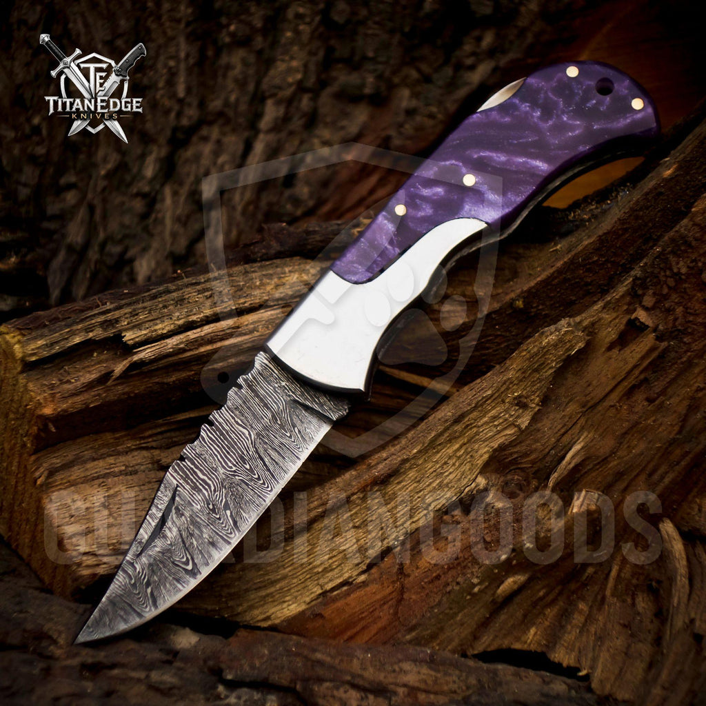 Personalized Handmade Damascus Steel Pocket Knife, American Flag designs, Wood Handle, Folding Knife, Anniversary Gifts for Husband