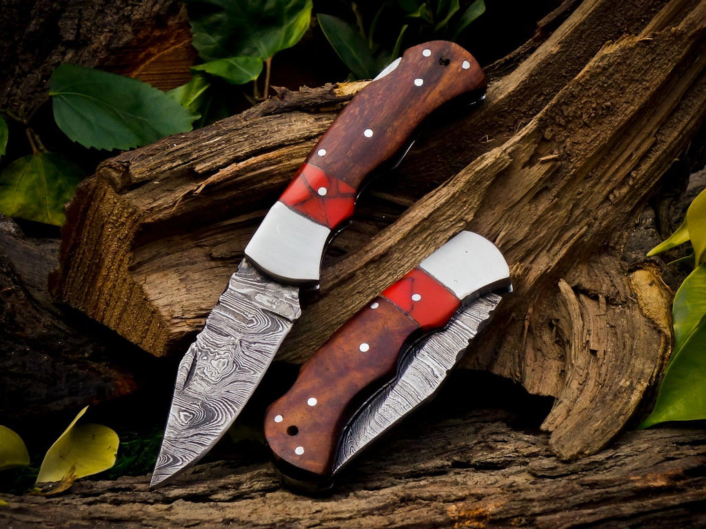 Personalized Handmade Damascus Steel Pocket Knife, Folding EDC Hunting Knife, Wood Handle, Groomsmen Gift With Leather Sheath