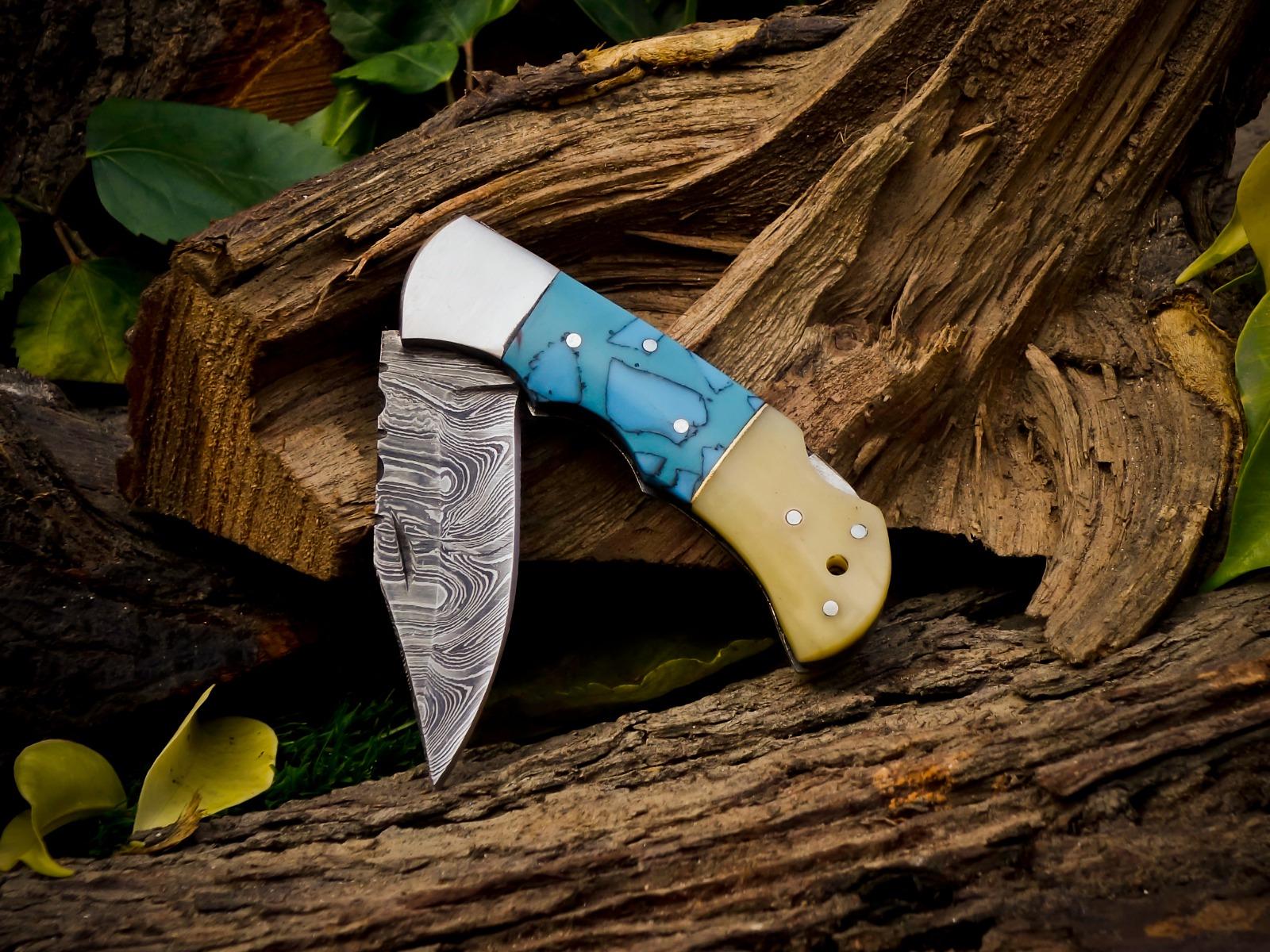 Personalized Handmade Damascus Steel Pocket Knife, Folding EDC Hunting Knife, Bone and Resin Handle, Groomsmen Gift With Leather Sheath