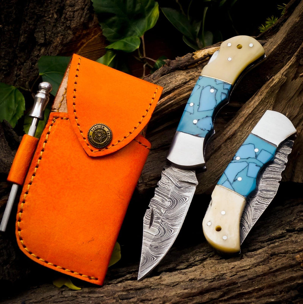 Personalized Handmade Damascus Steel Pocket Knife, Folding EDC Hunting Knife, Bone and Resin Handle, Groomsmen Gift With Leather Sheath